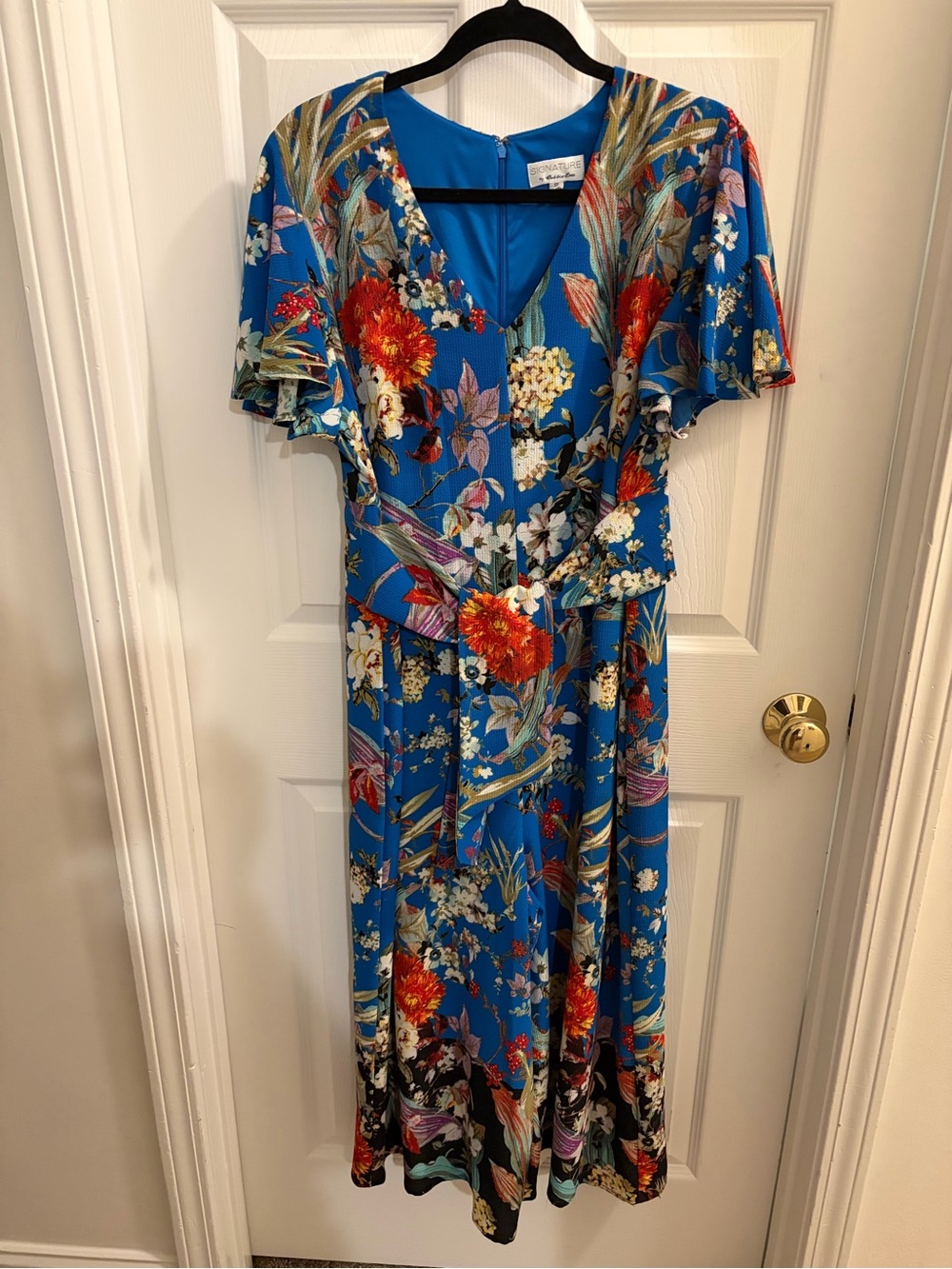 Signature by Robbie Bee Blue Floral V-Neck Jumpsuit with Red Accents